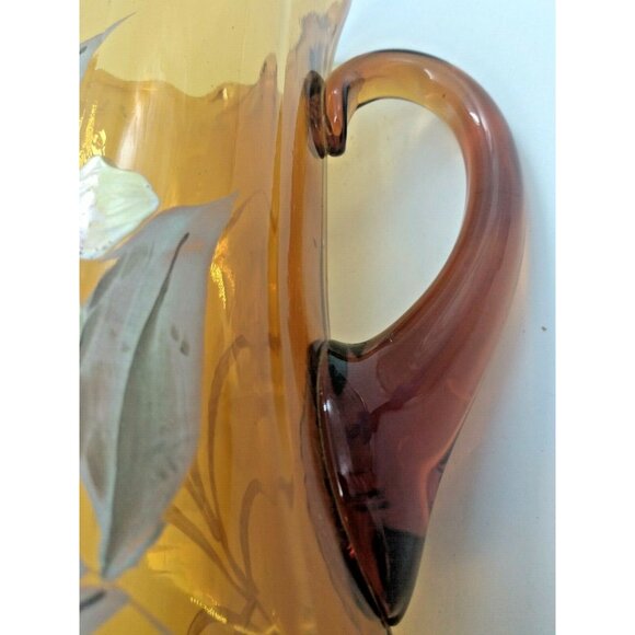 Antique Hand Blown Hand Painted Floral Amber Glass Ruffled Pitcher 1890-1900 - Picture 9 of 9